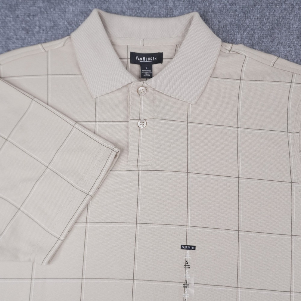 Van Heusen Polo Shirt Mens (S) Tan Windowpane Grid Short Sleeve Wrinkle Free NEW